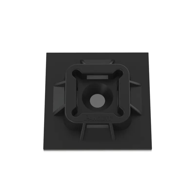 Panduit s ABM100-A-D20 4-way rubber-based adhesive backed cable tie mounts have been designed for fast installation and long-term performance and reliability. They are made of Nylon 6.6. These mounts can be used with miniature, intermediate, and standard cable ties and are designed for indoor environments. They are 1" x 1" (25.4mm x 25.4mm), supplied in strips of 2, are black in color and come in packages of 500.