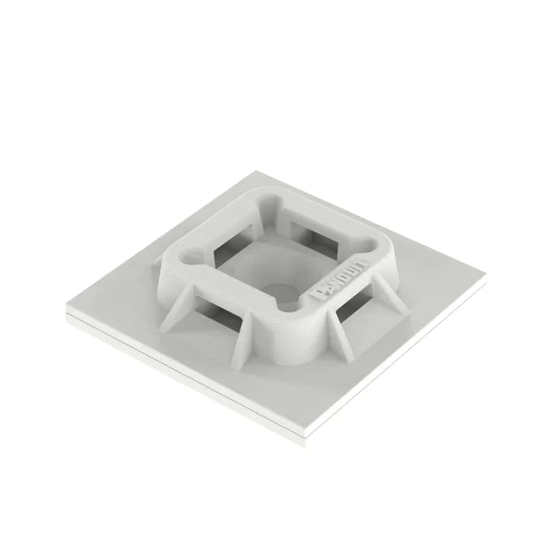 Panduit s ABM100-AT-C 4-way adhesive cable tie mounts are applied with acrylic adhesive tape and made of Nylon 6.6. They have been designed for fast installation and long-term performance and reliability. These mounts can be used with miniature, intermediate, and standard cable ties and are intended for use in indoor, high-temperature environments. The mounts are 1 x 1 (25.4mm x 25.4mm), supplied in strips of 2, are white in color and come in packages of 100.