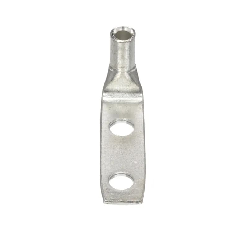 Two-hole, standard barrel lug with window, #10 AWG wire, #10 stud hole, .63 hole spacing, 90 angle tongue.