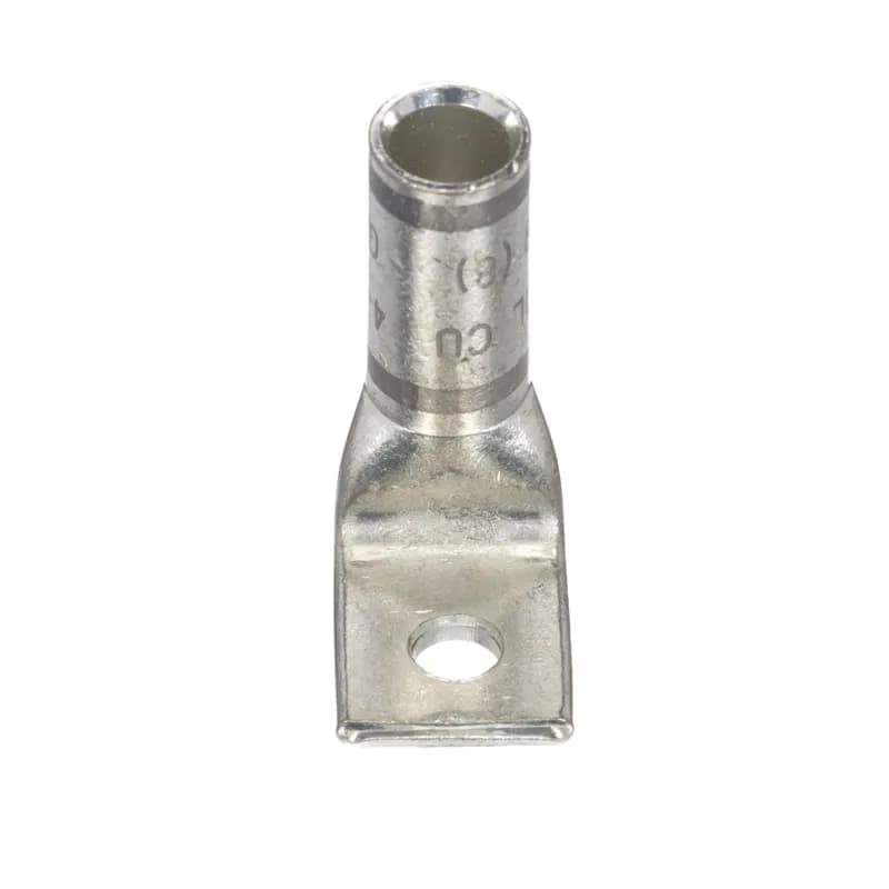 One-hole, standard barrel with window lug, #4 #3 AWG STR, #2 AWG SOL wire, 90 angle tongue, #10 stud hole.