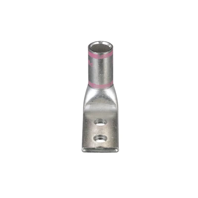 Two-hole, standard barrel lug with window, 1/0 AWG wire, 1/4 stud hole, .63 hole spacing, 90 angle tongue.