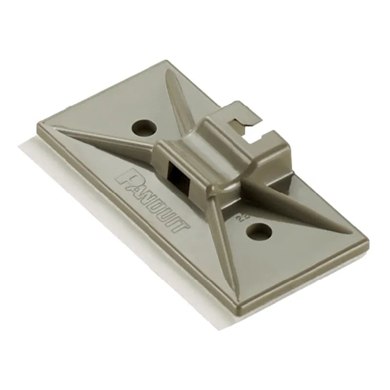 The snap-in cable tie mount in gray is applied with rubber adhesive tape. It is made of ABS for indoor environments. It comes in packages of 100.