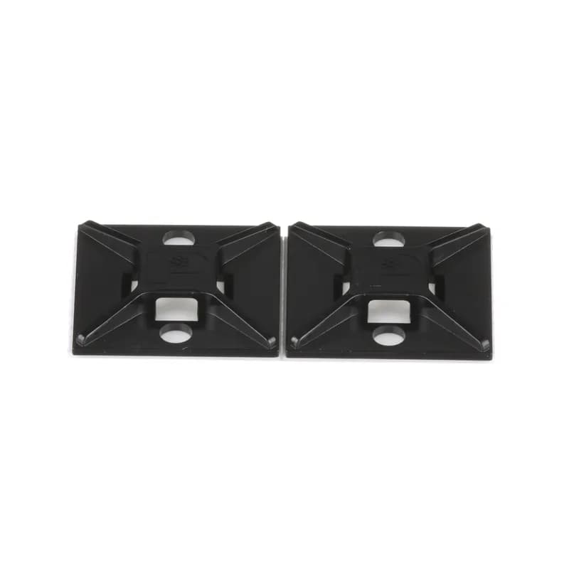 Panduit s ABM2S-AT-C0 4-way acrylic-based adhesive backed cable tie mounts have been designed for fast installation and long-term performance and reliability. They are made of weather resistant ABS plastic. These mounts can be used with miniature, intermediate, and standard cable ties and are designed for outdoor, high-temperature environments. They are 1" x 1" (25.4mm x 25.4mm), supplied in strips of 2, are black in color and come in packages of 100.