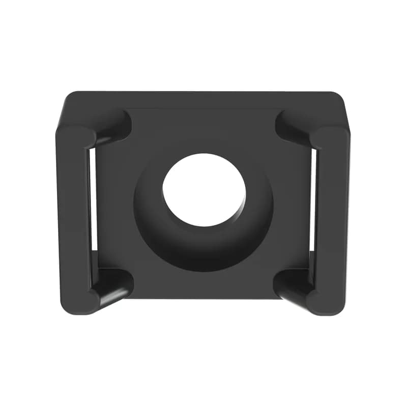 Panduit TM3S25-M0 Screw Applied Cable Tie Mounts offer a through hole in the mount in which a screw or rivet can be secured, this offers maximum stability for cable bundles. Install with a #1/4 (M6) screw. They are 0.61" (15.5 mm) wide and are suitable for miniature, intermediate and standard cross-section cable ties. Made of Heat Stabilized Nylon 6.6, for indoor use, are black in color and come in packages of 1000.