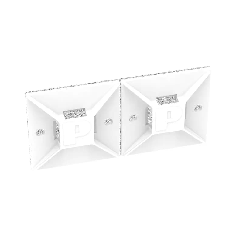 Panduit s ABM3H-A-T 4-way rubber-based adhesive backed cable tie mounts have been designed for fast installation and long-term performance and reliability. They are made of Nylon 6.6 and can be used with miniature, intermediate, standard, light-heavy, heavy, and hook and loop mount cable ties. These mounts are designed for indoor environments. They are 1.5" x 1.5" (38.1mm x 38.1mm), supplied in strips of 2, are white in color and come in packages of 200.