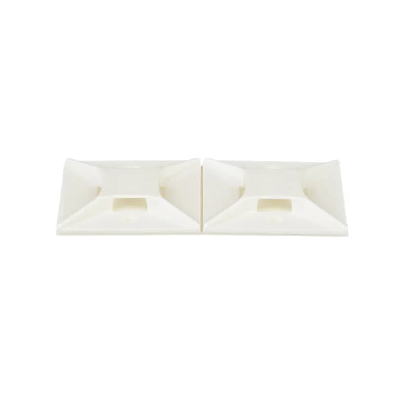 The 4-way adhesive backed cable tie mount in white is mounted with acrylic adhesive tape. It is 1.5" long x 1.5" wide (38.1 x 38.1 mm) and made of nylon 6.6, which increases mechanical strength, heat and wear resistance, and stiffness. It is used with miniature, intermediate, standard, light-heavy, heavy, and hook and loop mount cable ties. It is designed for indoor, high-temperature environments and comes in packages of 50.