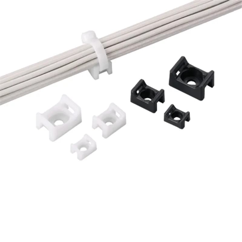 The cable tie mount in black is applied with a #6 (M3) screw and is 0.32" (8.1 mm) wide. It is made of weather-resistant nylon 6.6, which increases mechanical strength, heat and wear resistance, and stiffness in outdoor environments. It comes in packages of 100.