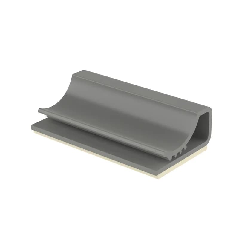 Panduit FCC-A-C8 Flat Cable Clips have a low profile design and hold wires, cables and tubing. They can be used with any width flat cable with a maximum stacking height of .17 (4.3mm). They are 1.09 (27.7mm) wide and for use in indoor environments. This part uses rubber adhesive as a mounting method. Made of PVC, are gray in color and come in packages of 100.