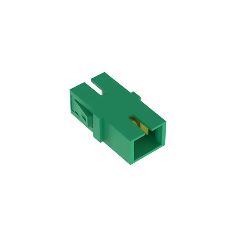 The SC/APC simplex adapter connects two SC/APC connector pairs in one module space and features an APC green, singlemode fiber adapter and has zirconia split sleeves. This part (ending in -L) is a pack of 50 adapters.