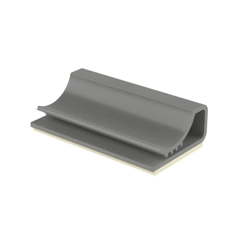 Panduit FCC5-A-D8 Flat Cable Clips have a low profile design and hold wires, cables and tubing. They can be used with any width flat cable with a maximum stacking height of .17 (4.3mm). They are .56 (14.2mm) wide and for use in indoor environments. This part uses rubber adhesive as a mounting method. Made of PVC, are gray in color and come in packages of 500.