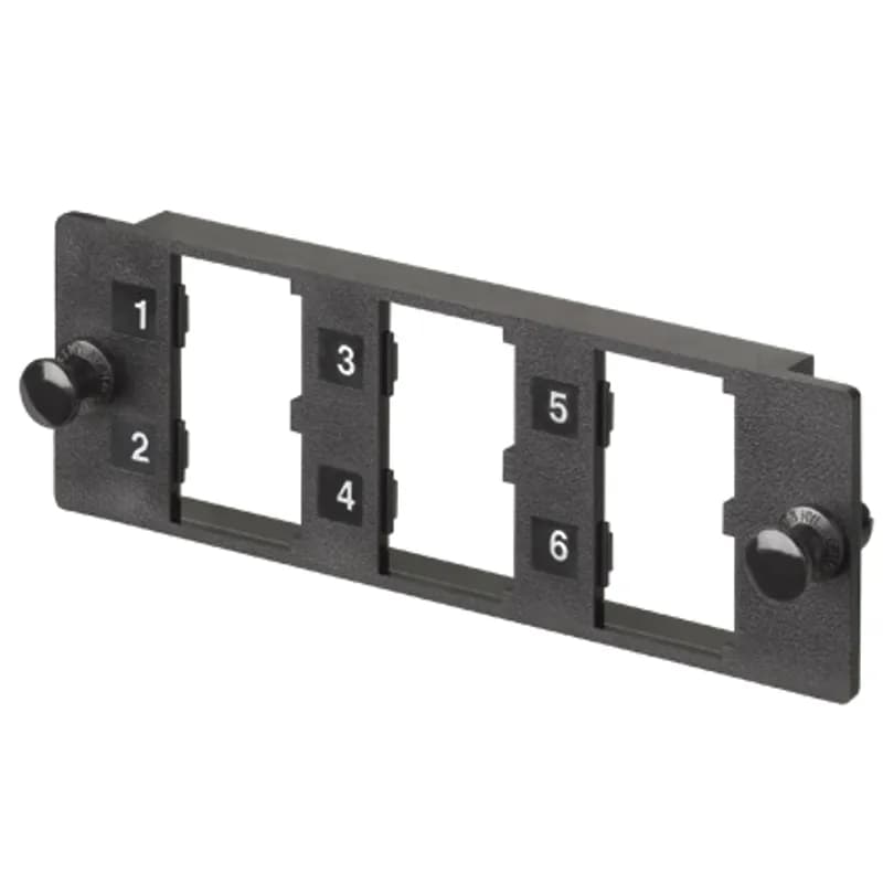 The Opticom Multimedia Modular Panel snaps into all Opticom components. The six-port panel accepts up to six Mini-Com Modules for UTP, fiber optic, and AV applications.