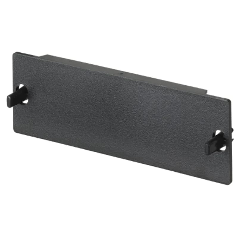 The Opticom blank fiber adapter panel is used to reserve space for future use. The blanking panel is plastic and is black in color.