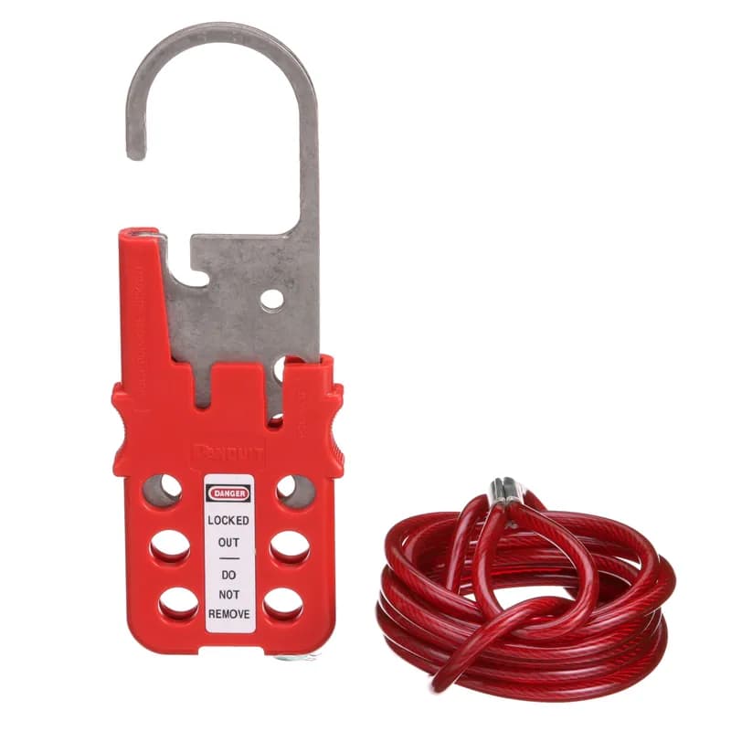 Panduit PSL-MLD - The PSL-MLD Multiple Lockout Device with Hasp can be used alone as a lockout hasp or with the provided 0.19" (4.8 mm) diameter cable to lockout electrical disconnects, gate valves, or large devices. Rugged polycarbonate and stainless steel provide strength, durability, added security, and corrosion resistance. Galvanized Steel with a vinyl coating. Jaw diameter 0.19" (4.8 mm). Includes 6.0' (1.8 m) vinyl-coated galvanized steel cable with loophole. Color Red. 1 per package.