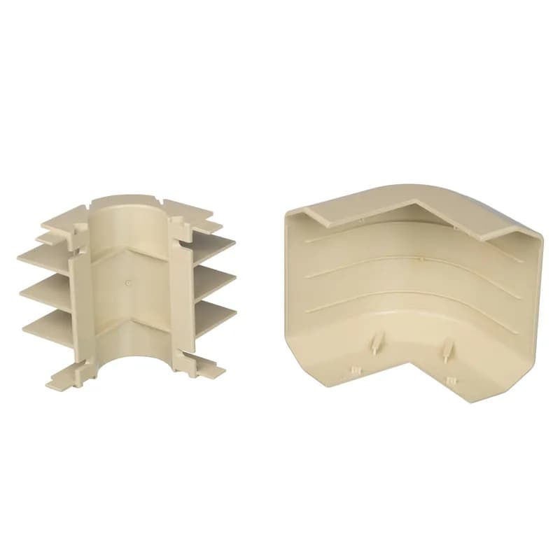 The outside corner fitting is used to join sections of T-70 raceway at outside corners while maintaining separation of power and data. It is Electric Ivory.
