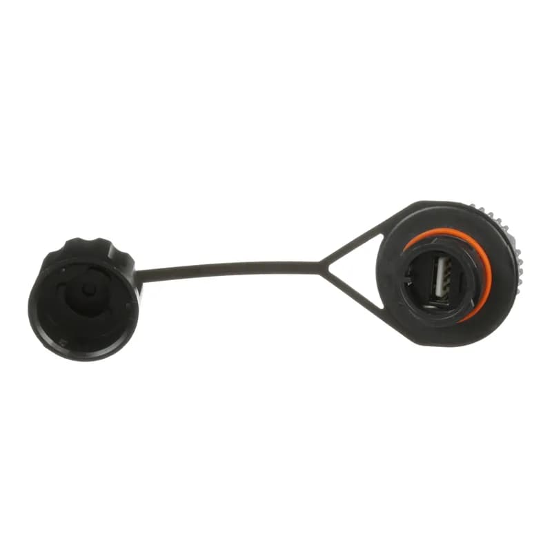 The IndustrialNet USB Female 2.0 bulkhead connector, with protective cap, is ideal in manufacturing environments. The bulkhead provides an IP67 rated seal that provides protection from dust and temporary immersion in water.