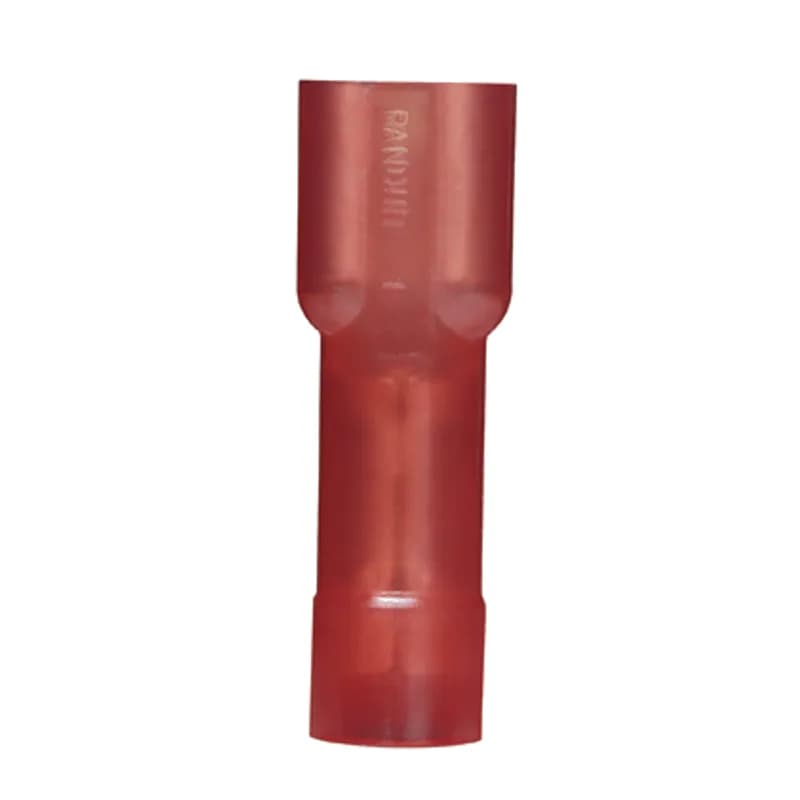The Supra-Grip female disconnect is made of brass and is tin-plated. It is fully insulated in red nylon. It has a tab size of 0.187 x 0.020 (4.8 x 0.5 mm) and supports a wire range of 22-18 AWG (0.5-1.0 mm ). It is 0.89" (22.6 mm) long and 0.29" (7.4 mm) wide. The disconnect has a double crimp funnel entry barrel configuration and a butted seam barrel with an integrated metal insulation grip. It comes in bottles of 100.