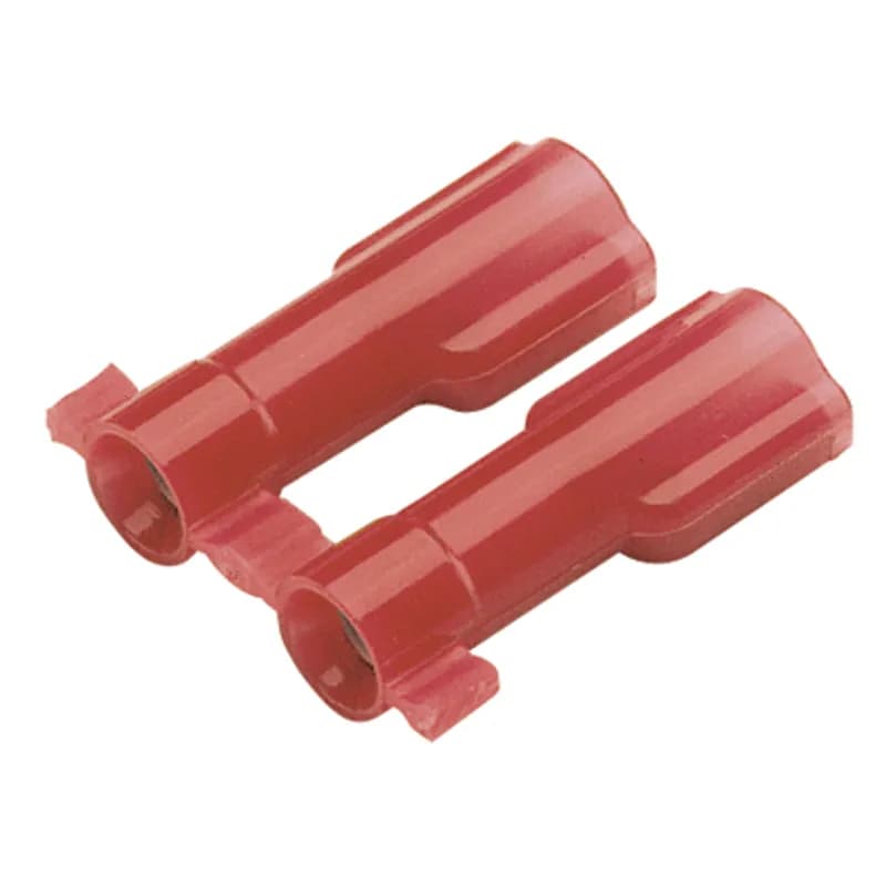 The Supra-Grip female disconnect is made of brass and is tin-plated. It is fully insulated in red nylon. It has a tab size of 0.187 x 0.032 (4.8 x 0.8 mm) and supports a wire range of 22-18 AWG (0.5-1.0 mm ). It is 0.89" (22.6 mm) long and 0.29" (7.4 mm) wide. The disconnect has a double crimp funnel entry barrel configuration and a butted seam barrel with an integrated metal insulation grip. It comes in reels of 3000 pieces.