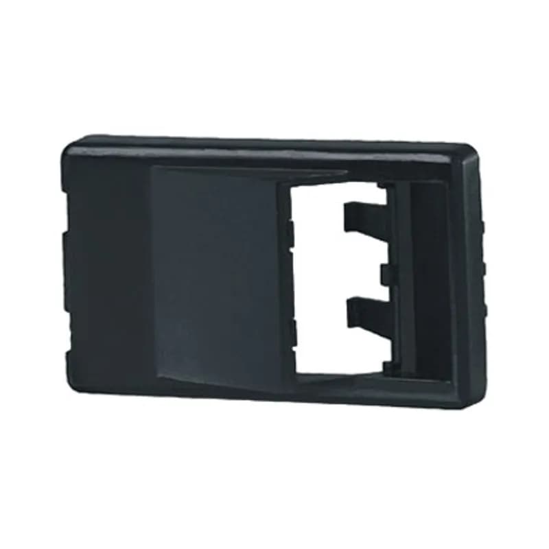 The Mini-Com Modular Furniture Faceplate accepts two Mini-Com Modules. The faceplate is sloped and mounts to a standard office furniture opening. The faceplate can be identified with an adhesive label and is black.