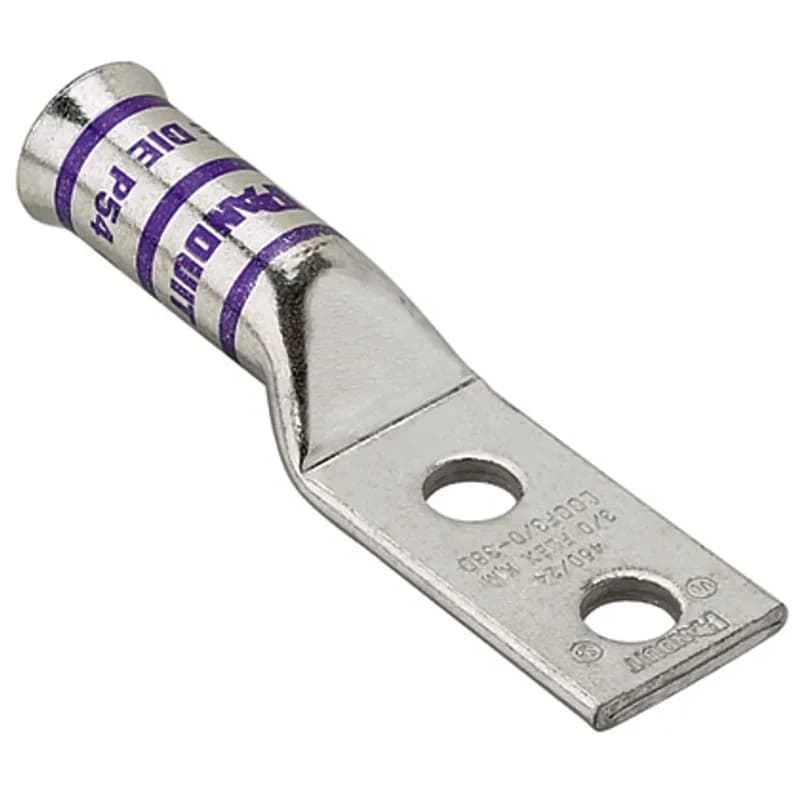 Two-hole, long flared barrel, #1 AWG wire, 1/4 stud hole, 3/4 hole spacing.