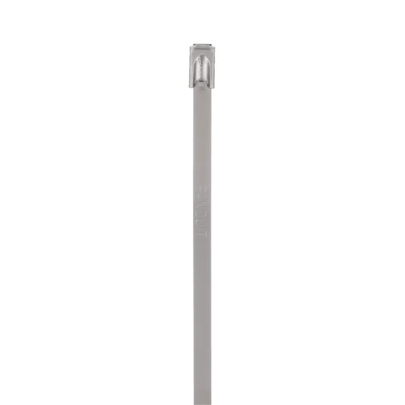 The MLT4S-D Pan-Steel 304 grade stainless steel cable tie speeds up installation with a patented, wide entry self-locking head that eases band threading and insertion. Unique locking ramp design and strengthening ribs allows the tie to lock into place at any length along the tie body with increased lock strength. Fully rounded edges ensure worker and bundle safety.
