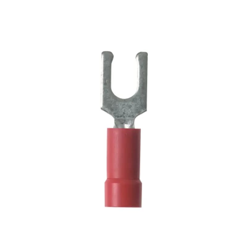 The PV18-8LF-MY Pan-Term Terminal is a vinyl insulated, locking fork terminal. The locking tongue design locks in place for a secure connection. Brazed seam protects terminal barrel from splitting during the crimp process. Barrel serrations assure good wire contact and maximum tensile strength.