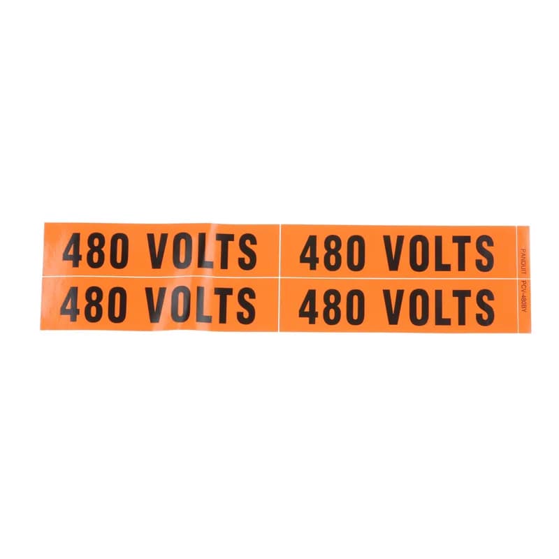 Panduit PCV-480BY - The PCV-480BY Voltage Marker is rated for indoor use and features excellent adhesive properties when applied to a clean, dry surface. The legend reads, "480 Volts" Vinyl. 4.5" x 1.12" (114.3 mm x 28.44 mm). 1.25" - 3" (31.75 mm - 76.2 mm) compatible pipe diameter. Color Orange. Legend Black. 4 markers per card. 5 cards per package.