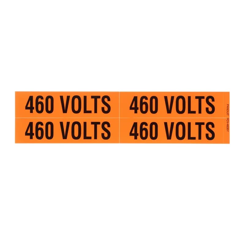 Voltage marker, 4.5" W x 1.13" H, '460 Volts' (legend), vinyl, black/orange, 4/card, 5 cards/package.