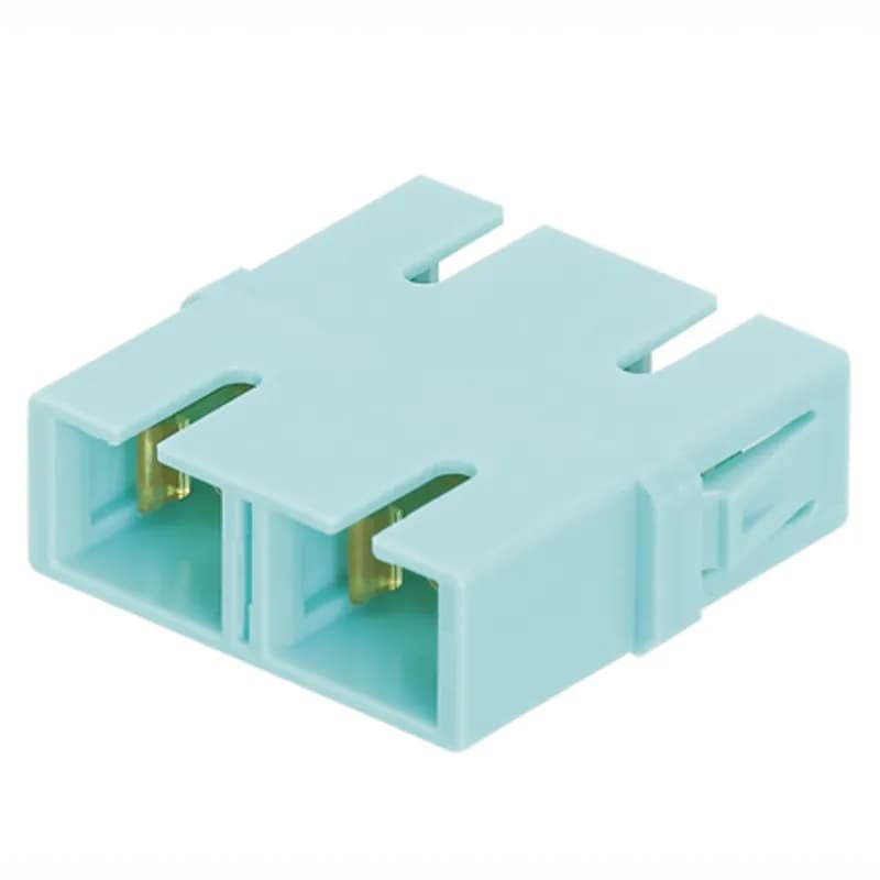 The SC simplex adapter connects two SC connector pairs in one module space and features an aqua, multimode fiber adapter and has zirconia split sleeves. This part (ending in -L) is a pack of 50 adapters.