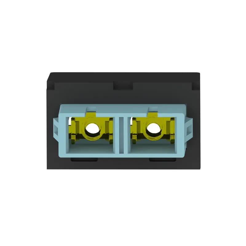 The Mini-Com Duplex SC Adapter is a small form factor (SFF) adapter with integrated panel retention clips and are TIA/EIA-605 FOCIS-10 compatible. It couples two SC duplex connectors in two Mini-Com module spaces and features an aqua fiber adapter along with a black module and has zirconia split sleeves.