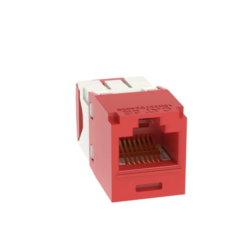 The Mini-Com Cat 5e UTP RJ45 TG-Style Jack Module is designed to terminate 4-pair, 22-26 AWG twisted pair cable. Each module is 100% factory tested for continuity. Contacts are plated with 50 microinches of gold for superior performance. Jack modules are compatible with Mini-Com Modular Patch Panels and Faceplates. The jack module is Red.