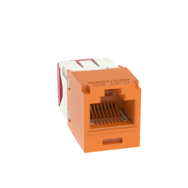 The Mini-Com Cat 5e UTP RJ45 TG-Style Jack Module is designed to terminate 4-pair, 22-26 AWG twisted pair cable. Each module is 100% factory tested for continuity. Contacts are plated with 50 microinches of gold for superior performance. Jack modules are compatible with Mini-Com Modular Patch Panels and Faceplates. The jack module is Orange.