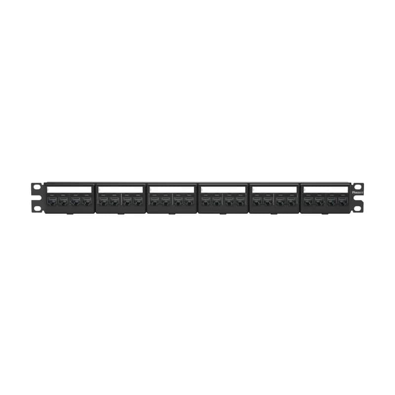 The Mini-Com Modular Patch Panel Kit includes 24 Mini-Com Cat 6A TG Jack Modules for unshielded applications, is 1 RU, and mounts to 19 inch and 23 inch racks and cabinets. The panel offers front access, includes label pockets for easy identification, and is black.