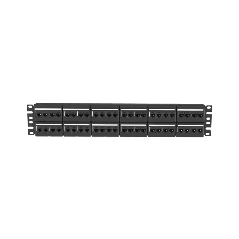 The Mini-Com Modular Patch Panel Kit includes 48 Mini-Com Cat 6A TG Jack Modules for unshielded applications, is 2 RU, and mounts to 19 inch and 23 inch racks and cabinets. The panel offers front access, includes label pockets for easy identification, and is black.
