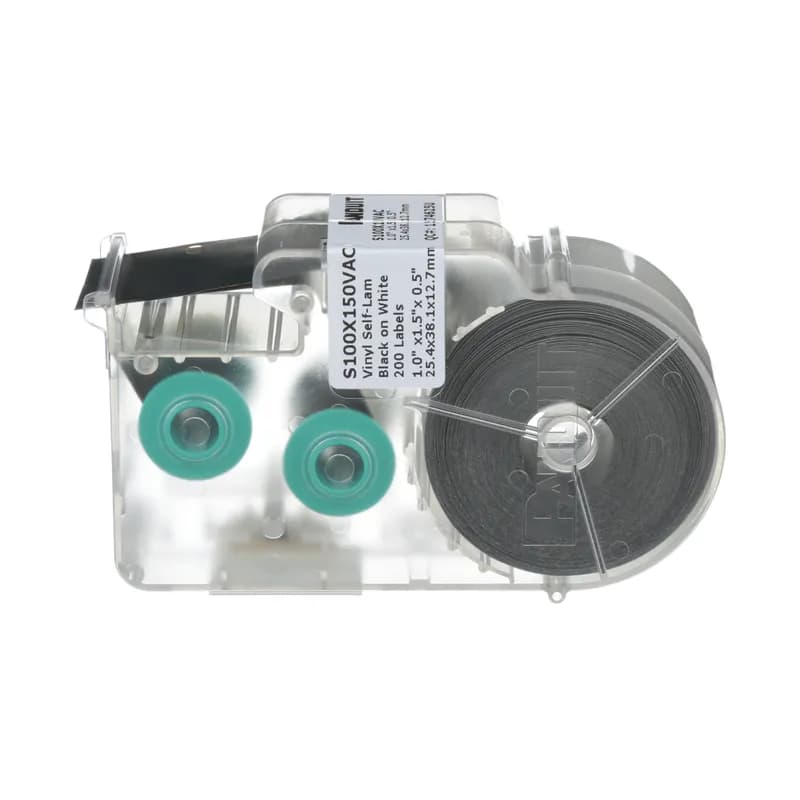 The S100X150VAC Thermal Transfer Self-Laminating Label includes a white print-on area and clear overlaminate to protect the legend for easy identification. It is sized specifically for wire and cable applications. The cassette contains an integrated memory device for automatic formatting, recall of last legend used, and the number of labels remaining. For use with LS8E and LS8EQ printers. Vinyl. 1.0" x 1.50" (25.4 mm x 38.1 mm). Color Clear/White. 200 labels/cassette. 1 cassette/package.