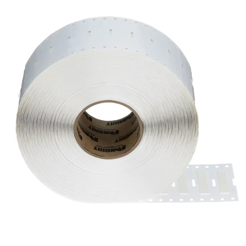The H075X044H1T-B Military-Grade Polyolefin Heat-Shrink Label is a single-sided printable. It offers crisp, clear legends with superior readability for quick and easy label production. The heat-shrink sleeve is designed to provide a clear, reliable, and durable way to identify wires and cables. Designed for use with Panduit TDP printers. Shrink ratio 3:1. 0.75" x 0.44" (19 mm x 11.2 mm). Color White. 5000 labels per roll.