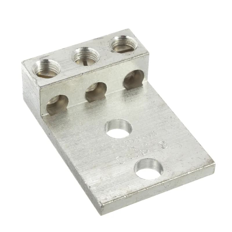 Two-hole, aluminum, three barrel lug, type LAM3B, NEMA hole sizes and spacing, #14 - #2 AWG, 1/4 (6.4mm) stud hole.