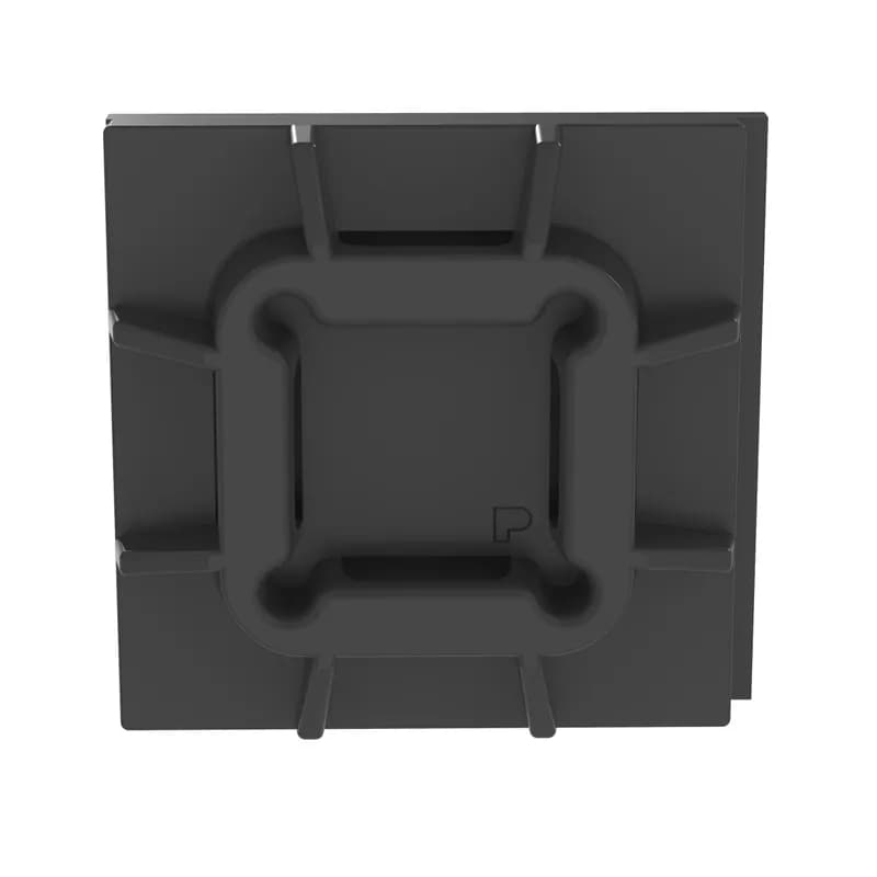 The adhesive mount in black is mounted with acrylic adhesive tape and measures 1.12" x 1.12" (28.5 mm x 28.5 mm). It is made of weather-resistant nylon 6.6, which increases mechanical strength, heat and wear resistance, and stiffness. It is designed for outdoor and high-temperature environments and comes in packages of 100.
