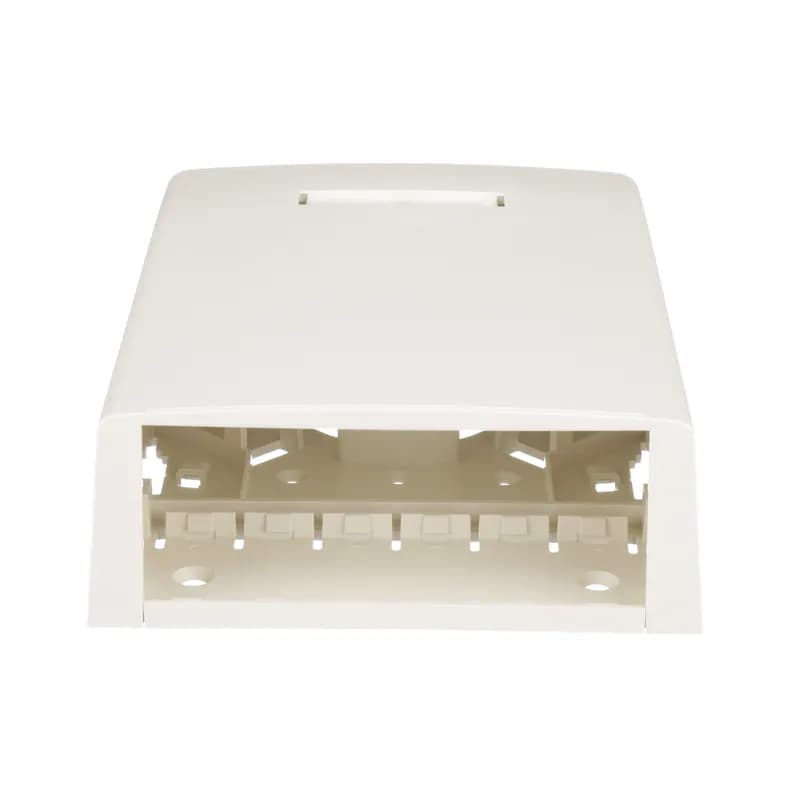 The Mini-Com Multimedia Surface Mount Box accepts twelve Mini-Com Modules. A built-in fiber spool in the base protects and secures cable slack in place. The box offers a variety of mounting options using adhesive tape or screws. The box includes a bridge, a label pocket for easy identification and is off white.