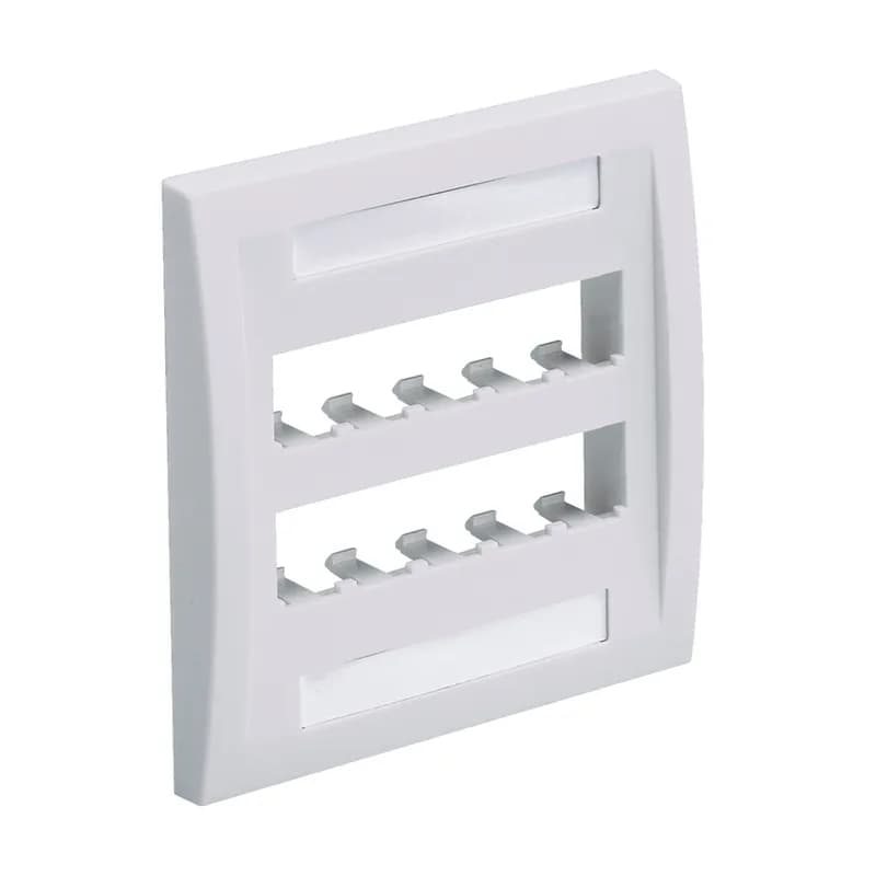 The Mini-Com Executive Series Faceplate accepts ten Mini-Com Module. The faceplate is double gang and mounts to a NEMA standard double gang opening. The faceplate includes a raised rail design on the outer edge of the frame, has a label pocket for easy identification, and is electric ivory.