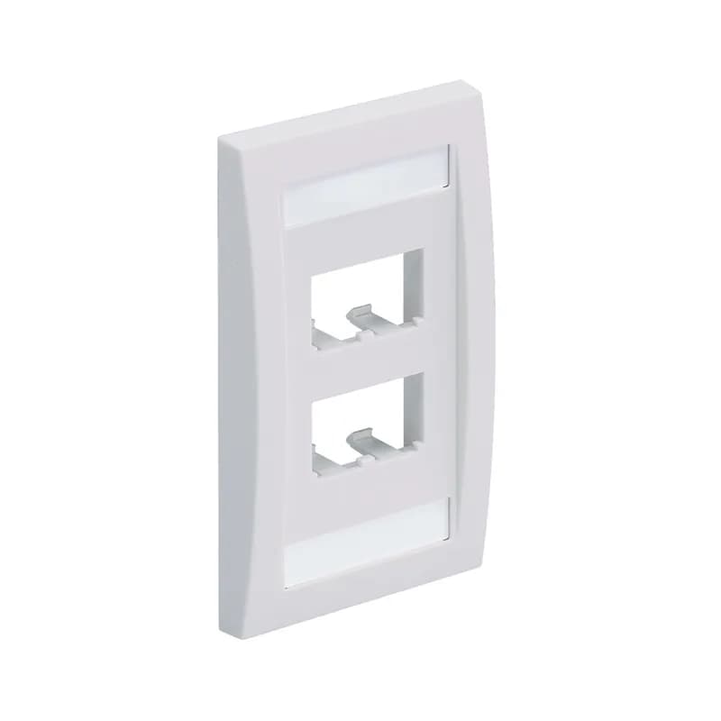 The Mini-Com Executive Series Faceplate accepts four Mini-Com Modules. The faceplate is single gang and mounts to a NEMA standard single gang opening. The faceplate includes a raised rail design on the outer edge of the frame, has a label pocket for easy identification, and is international gray.
