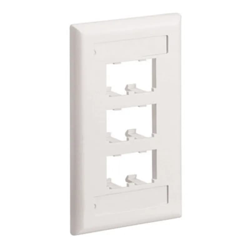 The Mini-Com Classic Series Faceplate accepts six Mini-Com Modules. The faceplate is single gang and mounts to a NEMA standard single gang opening. The faceplate includes a label pocket for easy identification and is electric ivory.