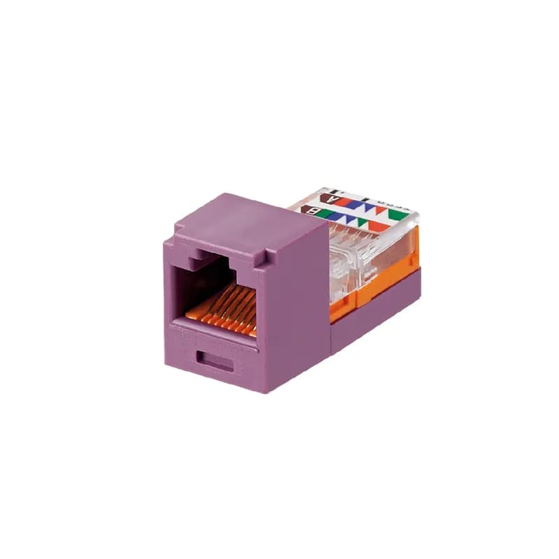 The Mini-Com Cat 5e UTP RJ45 Leadframe Jack Module is designed to terminate 4-pair, 22-24 AWG twisted pair cable. Each module is 100% factory tested for continuity. Contacts are plated with 50 microinches of gold for superior performance. Jack modules are compatible with Mini-Com Modular Patch Panels and Faceplates. The jack module is Violet.
