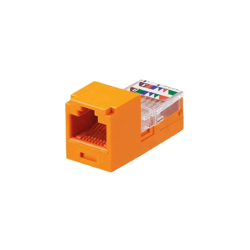 The Mini-Com Cat 5e UTP RJ45 Leadframe Jack Module is designed to terminate 4-pair, 22-24 AWG twisted pair cable. Each module is 100% factory tested for continuity. Contacts are plated with 50 microinches of gold for superior performance. Jack modules are compatible with Mini-Com Modular Patch Panels and Faceplates. The jack module is Orange.