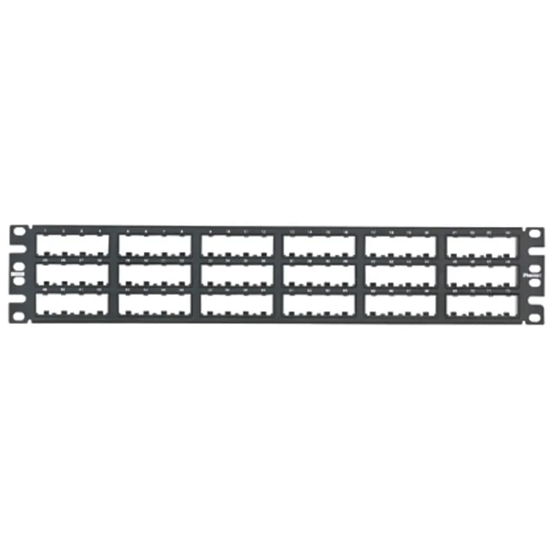 The Mini-Com Flush Mount Modular Patch Panel accepts up to 72 Mini-Com Modules for unshielded applications in 2 RU, and mounts to 19 inch and 23 inch racks and cabinets. The patch panel mounts flush with the rack and can be identified with adhesive labels and is black.