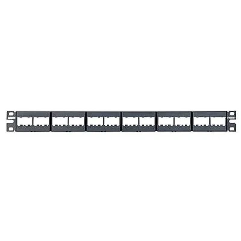 The Mini-Com Faceplate Modular Patch Panel accepts up to 24 Mini-Com Modules for unshielded applications in 1 RU, and mounts to 19 inch and 23 inch racks and cabinets. The panel offers front access and can be identified with adhesive labels and is black.