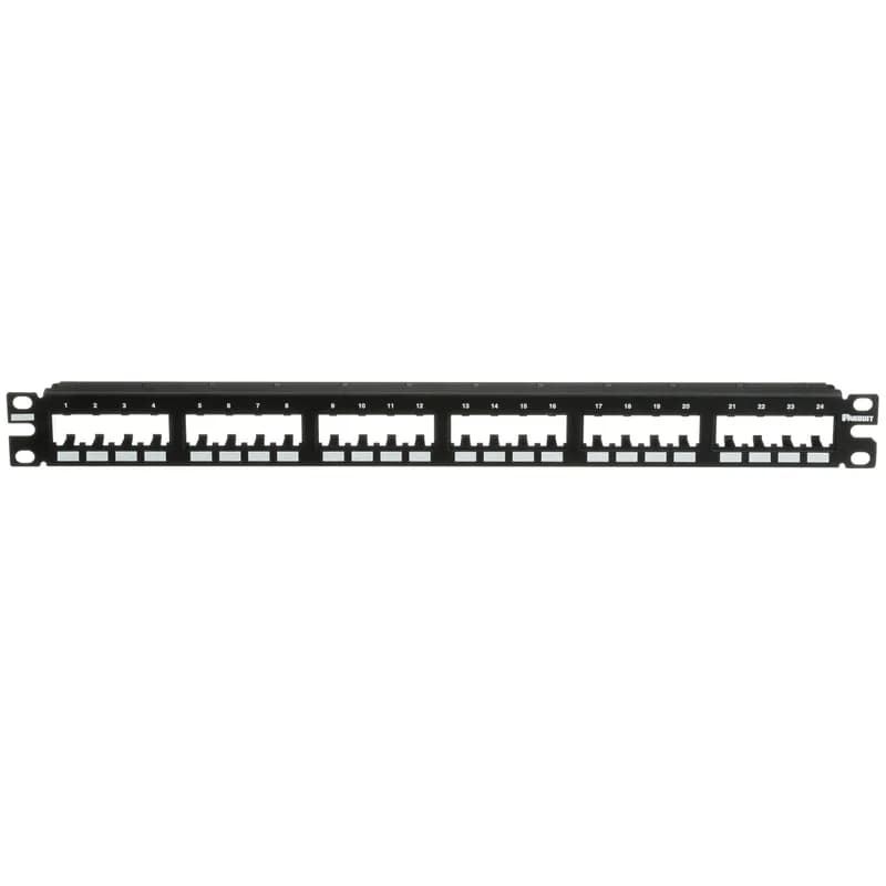 The Mini-Com Flush Mount Modular Patch Panel accepts up to 24 Mini-Com Modules for unshielded applications in 1 RU, and mounts to 19 inch and 23 inch racks and cabinets. The panel mounts flush with the rack and can be identified with adhesive labels and is black.