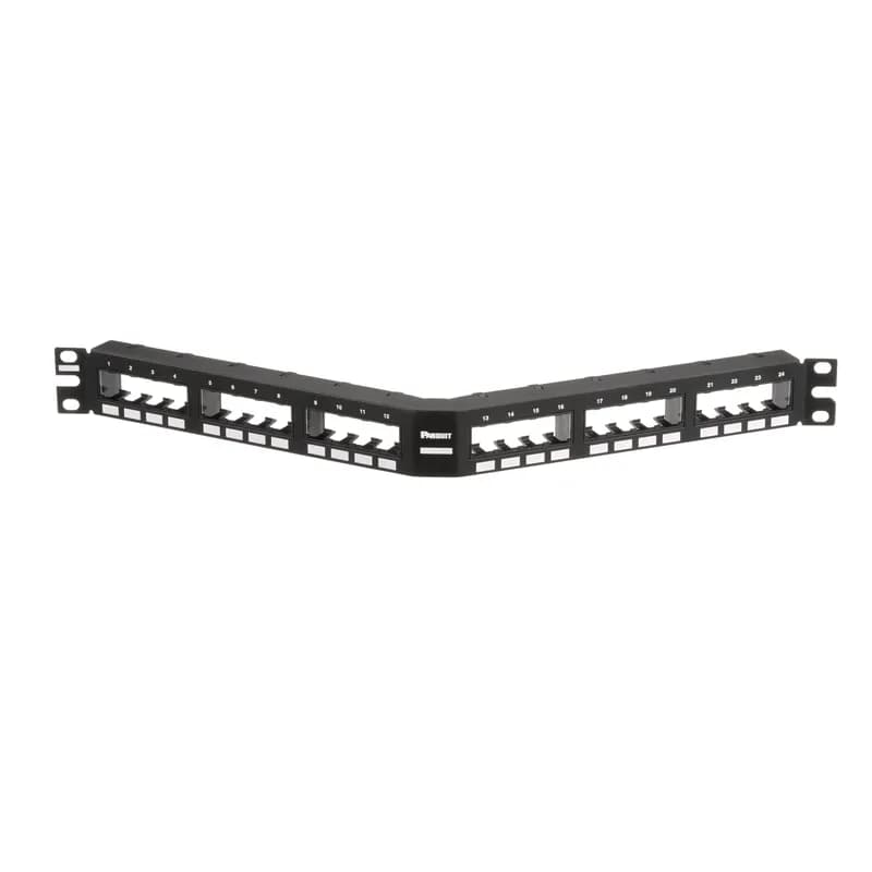 The Mini-Com Flush Mount Angled Modular Patch Panel accepts up to 24 Mini-Com Modules for unshielded applications in 1 RU, and mounts to 19 inch and 23 inch racks and cabinets. The panel mounts flush with the rack and can be identified with adhesive labels and is black.