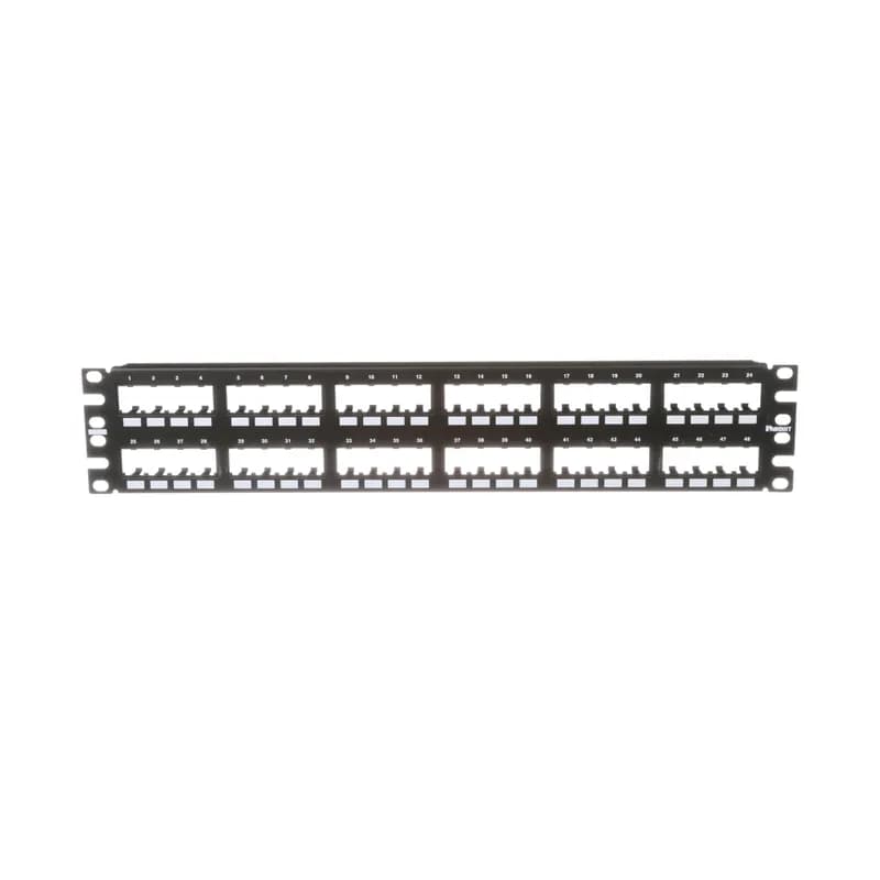 The Mini-Com Flush Mount Modular Patch Panel accepts up to 48 Mini-Com Modules for unshielded applications in 2 RU, and mounts to 19 inch and 23 inch racks and cabinets. The panel mounts flush with the rack and can be identified with adhesive labels and is black.