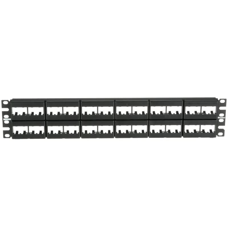 The Mini-Com Faceplate Modular Patch Panel accepts up to 48 Mini-Com Modules for unshielded applications in 2 RU, and mounts to 19 inch and 23 inch racks and cabinets. The panel offers front access and can be identified with adhesive labels and is black.