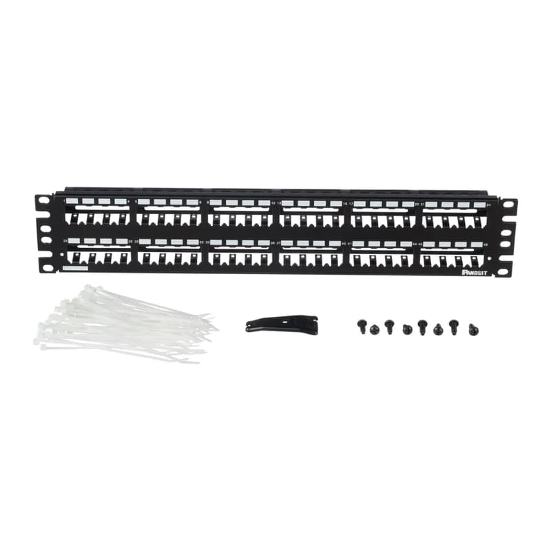 The Mini-Com All Metal Shielded Patch Panel accepts up to 48 Mini-Com Shielded Jack Modules in 2RU. The panel has a flat design made of stainless steel construction and mounts to 19 inch and 23 inch racks and cabinets. It includes a built-in strain relief bar and grounding lugs. The panel has white write-on areas, can be identified with adhesive labels, and is black.